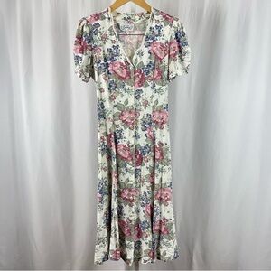 Vintage En Focus Small Floral 40's 50's Cottagecore Pearl Button Tie Maxi Dress